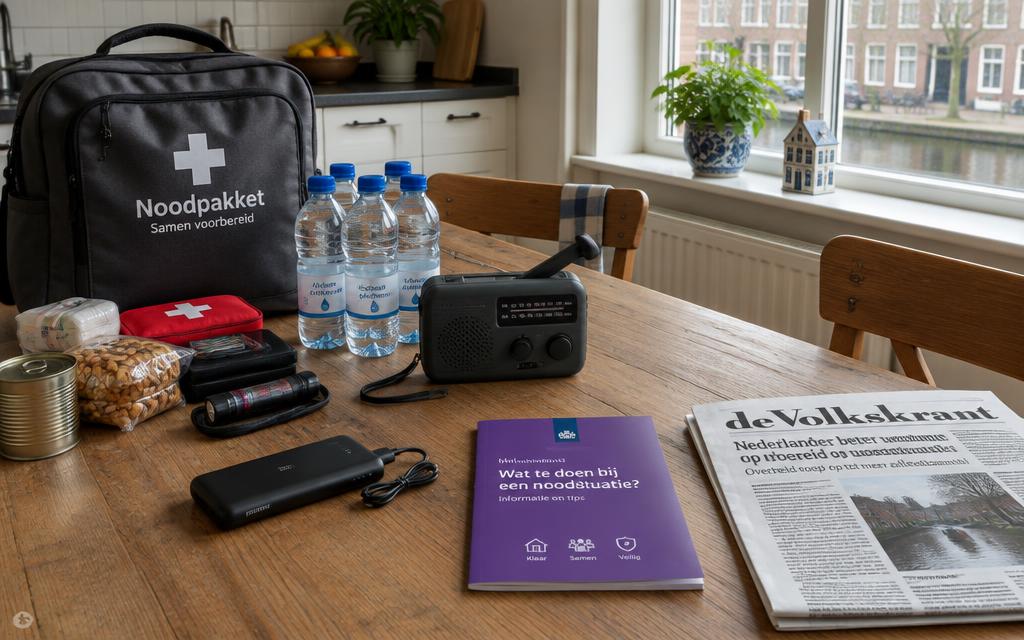 Noodpakket, noodradio, water en het Denk vooruit-boekje op een keukentafel