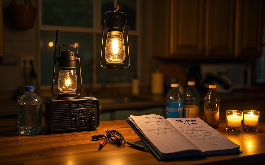 Keukentafel bij avondlicht met lantaarn, noodradio en 72-uur plan