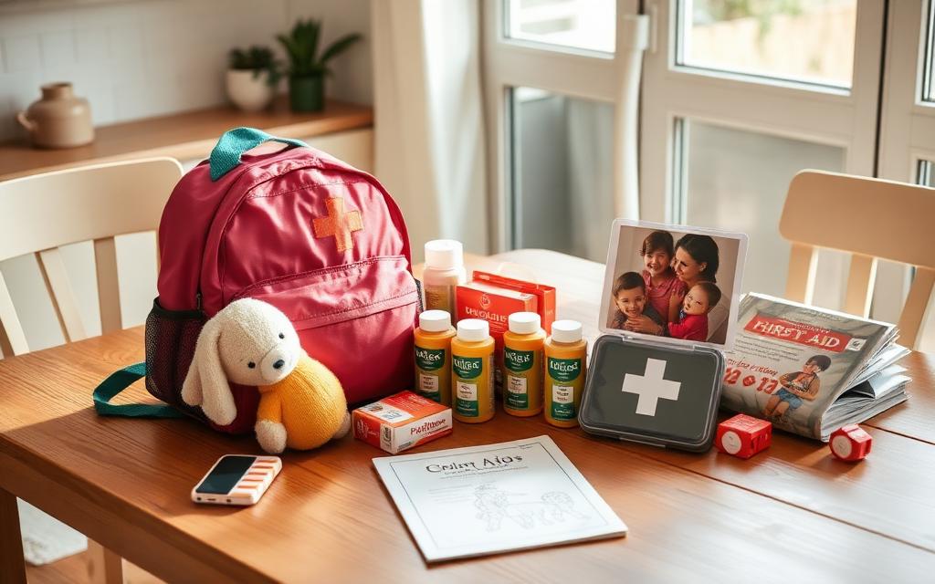 Familie noodpakket met kinderspullen op eettafel bij raamlicht