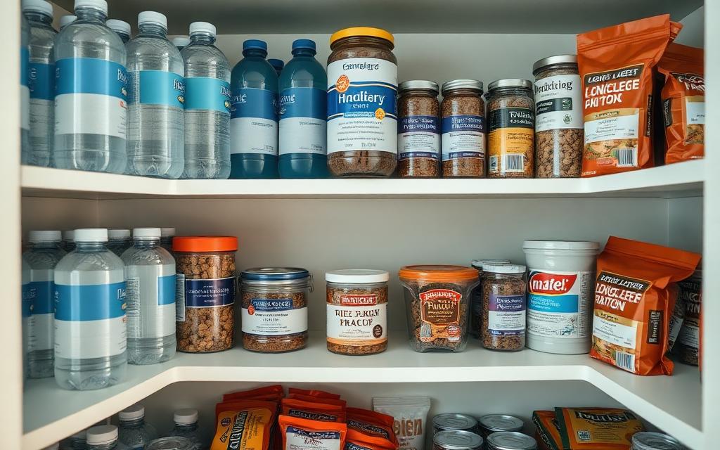 Pantry-kast vol met flessen water, blikvoer en noodrantsoenen